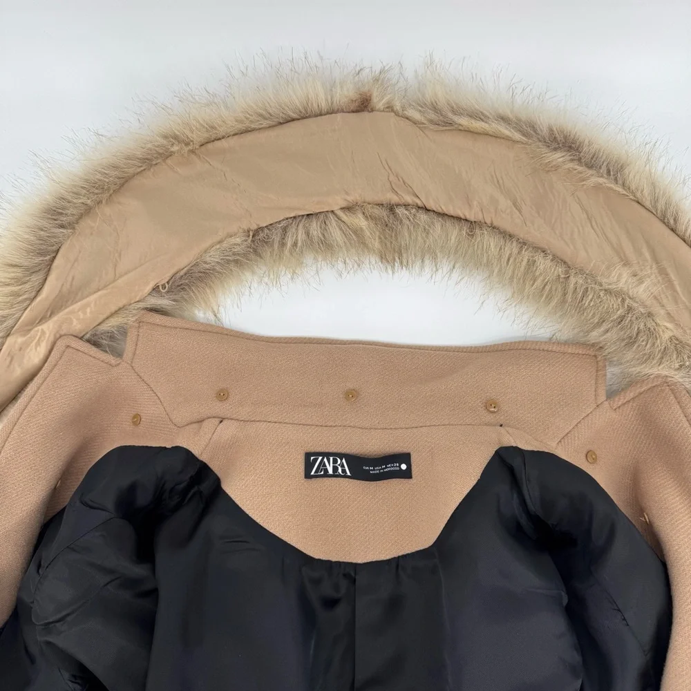 Zara Wool Blend Mid Length Coat Size M Faux Fur Removable Collar Camel Tan - Picture 12 of 17